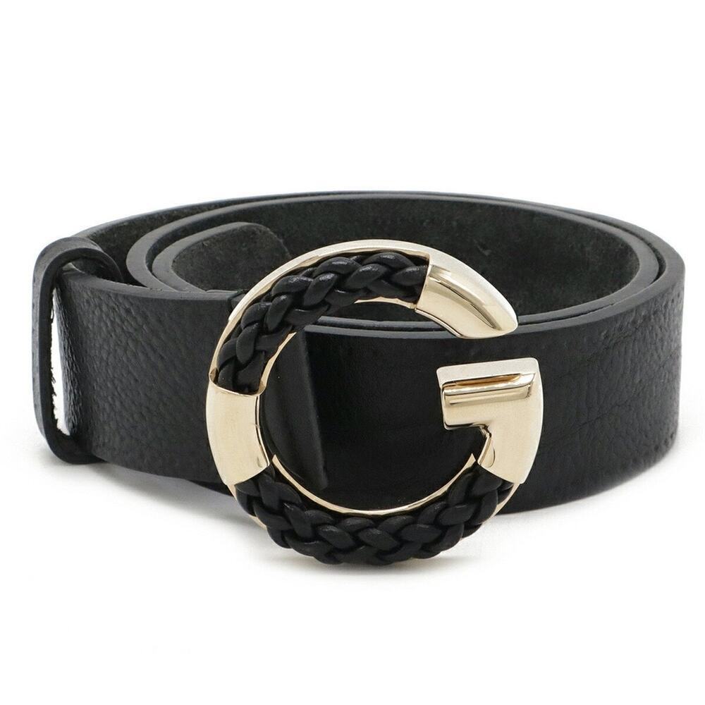 Gucci Unisex Black Calfskin Leather Gold Braided G Logo Buckle Belt | 80•32‎
